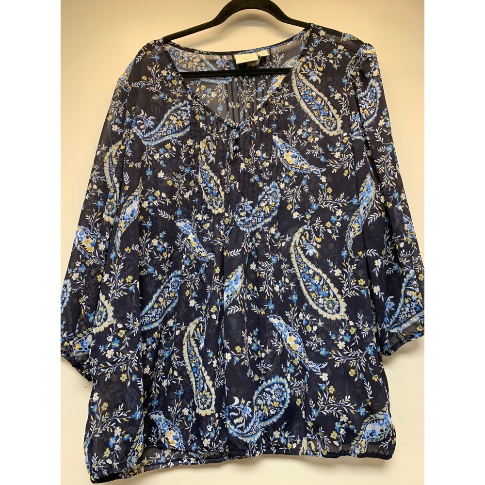 St. John's Bay Blouse Women 2X Navy Blue Excellent Paisley Floral Chiffon Top